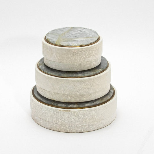 Set of 3 Boxes in White Shagreen and Smoky Quartz with Brass Frame by R&Y Augousti