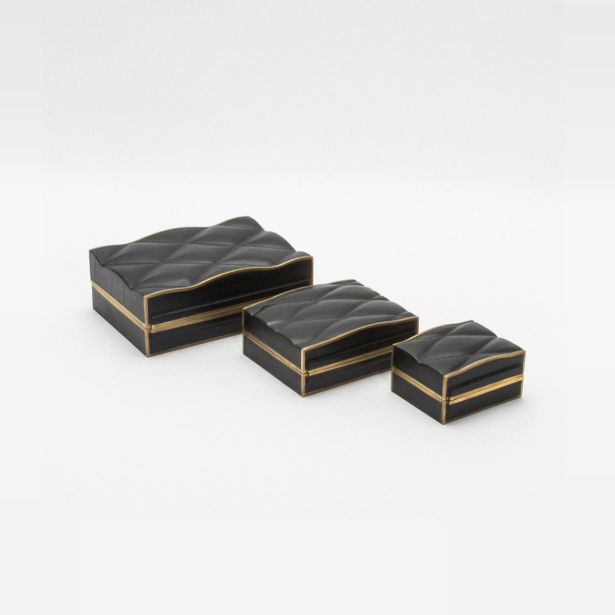 Set of 3 Quilted Boxes in Black Oak with Bronze Patina Brass by Kifu Paris