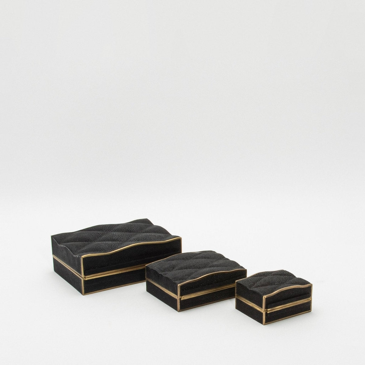Set of 3 Quilted Boxes in Black Shagreen with Bronze Patina Brass by Kifu Paris