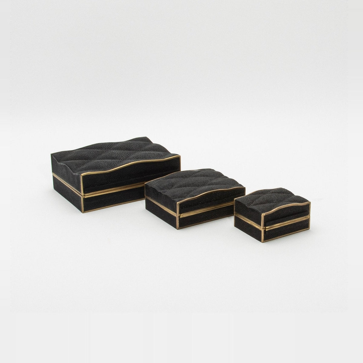 Set of 3 Quilted Boxes in Black Shagreen with Bronze Patina Brass by Kifu Paris