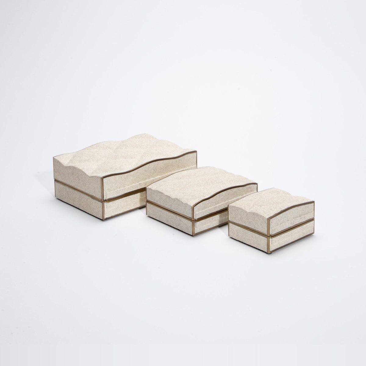Set of 3 Quilted Boxes in Cream Shagreen with Bronze Patina Brass by Kifu Paris