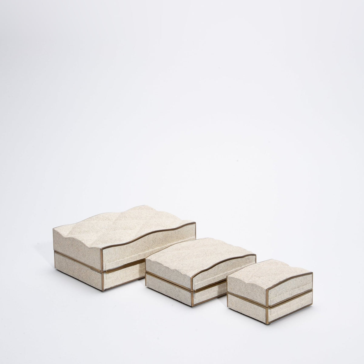 Set of 3 Quilted Boxes in Cream Shagreen with Bronze Patina Brass by Kifu Paris