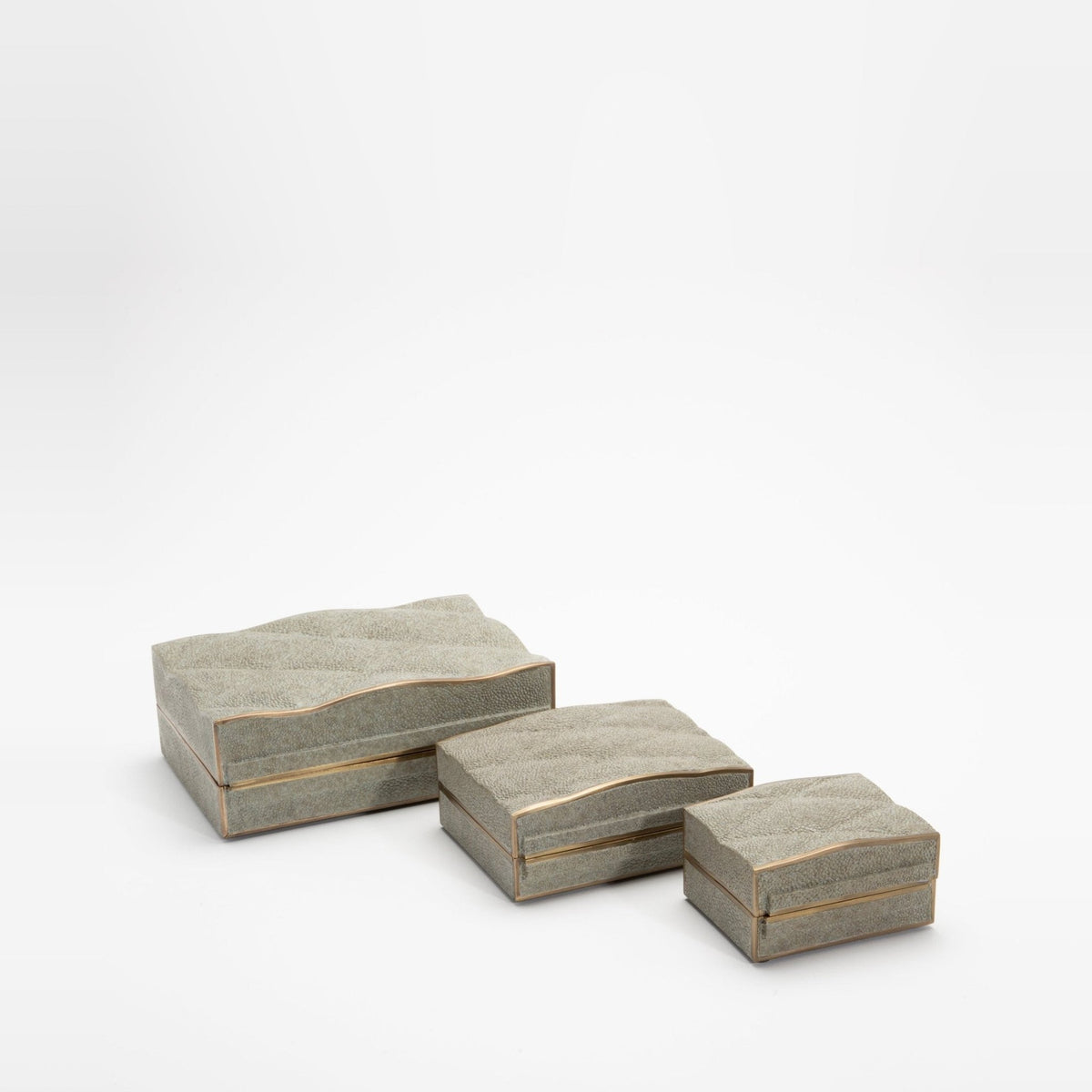 Set of 3 Quilted Boxes in Grey Shagreen with Bronze Patina Brass by Kifu Paris