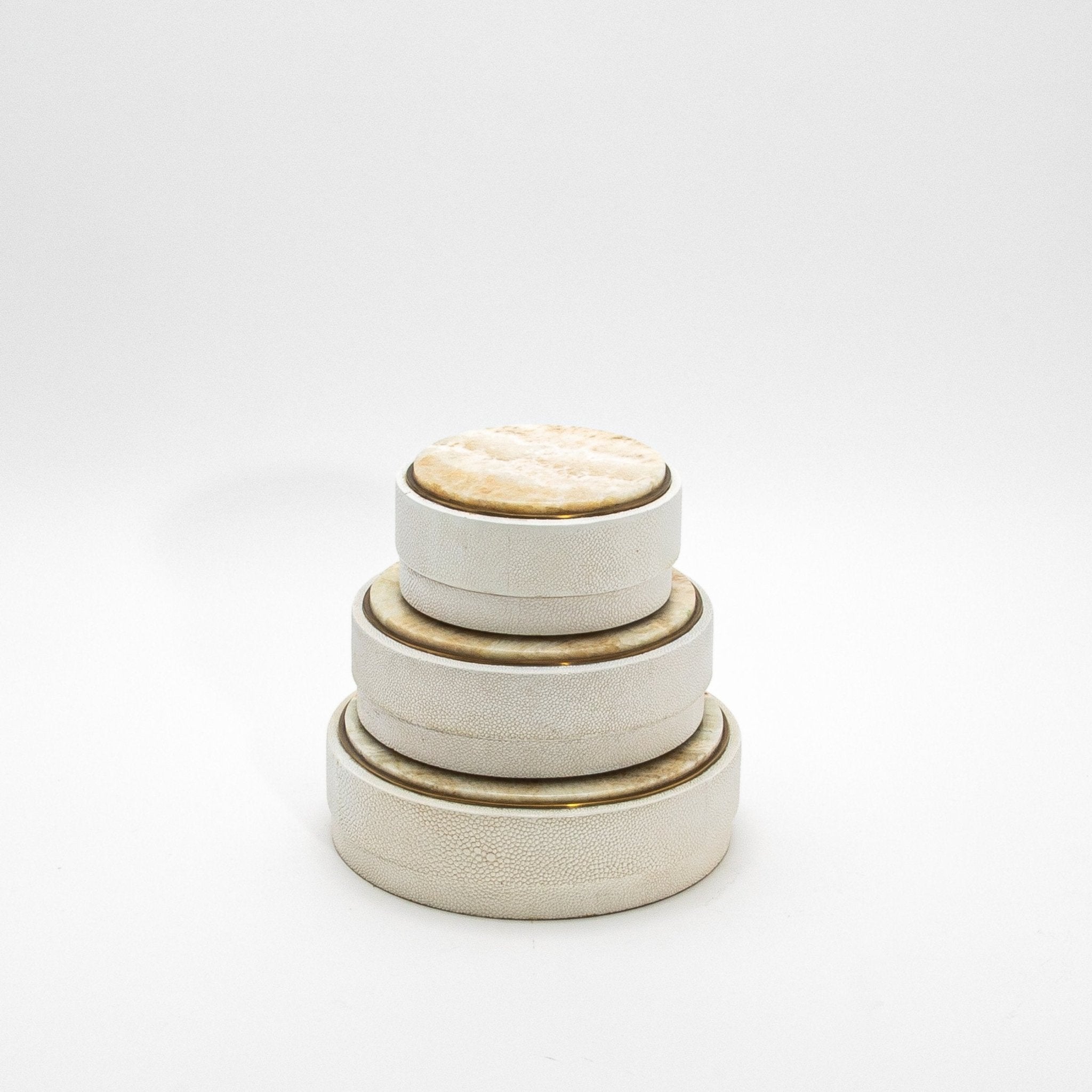 Set of 3 Round Boxes in Cream Shagreen with Onyx and Brass Details by ...