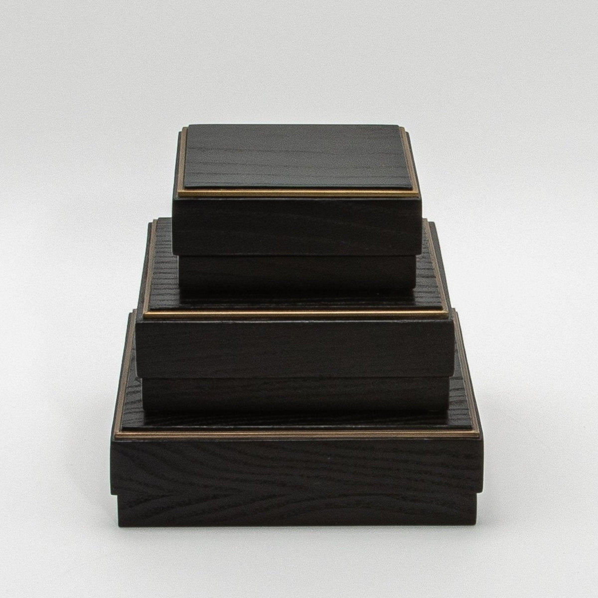 Set of 3 Square Boxes in Black Oak with Brass Frame by R&Y Augousti