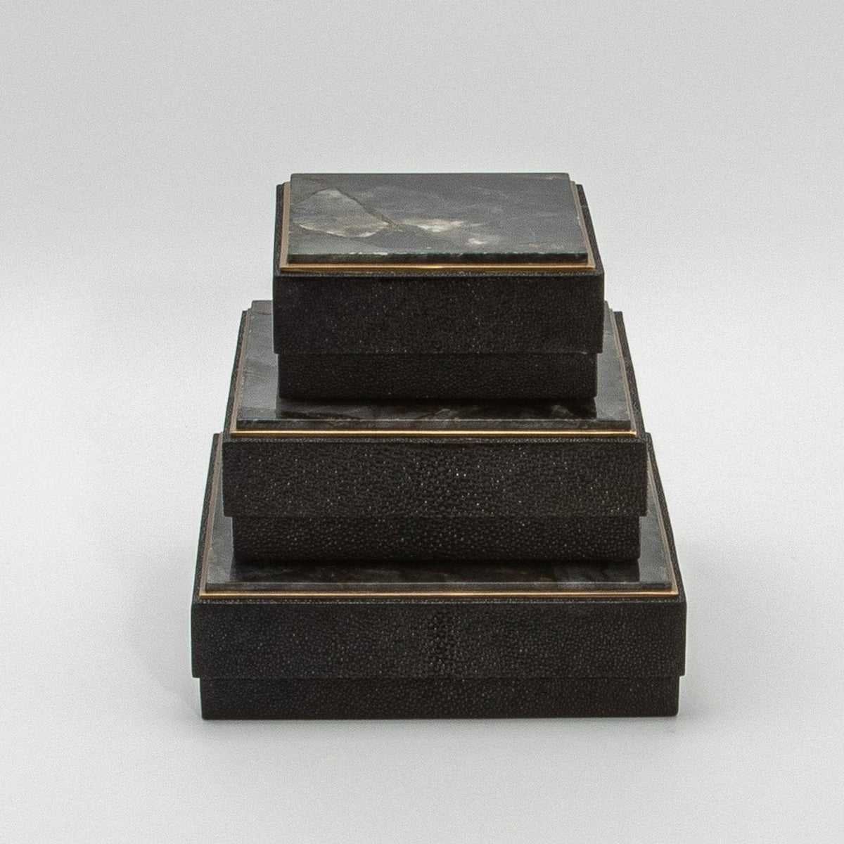 Set of 3 Square Boxes in Black Shagreen and Black Quartz with Brass Frame by R&Y Augousti