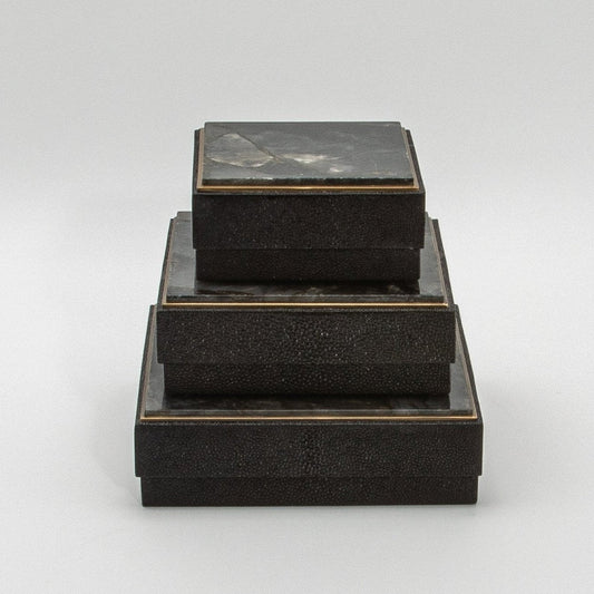 Set of 3 Square Boxes in Black Shagreen and Black Quartz with Brass Frame by R&Y Augousti