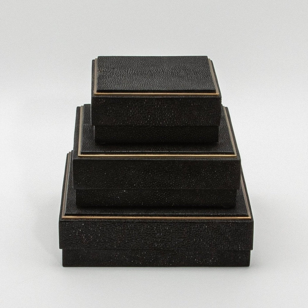 Set of 3 Square Boxes in Black Shagreen with Brass Frame by R&Y Augousti