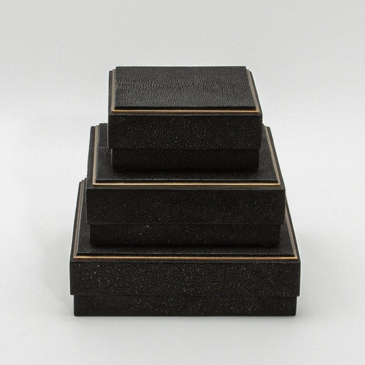 Set of 3 Square Boxes in Black Shagreen with Brass Frame by R&Y Augousti
