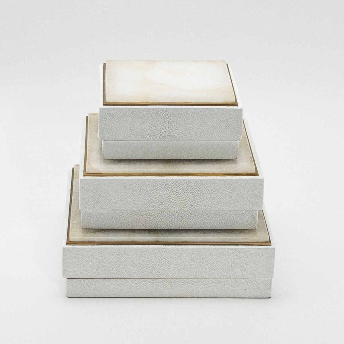 Set of 3 Square Boxes in White Shagreen and Quartz with Brass Frame by R&Y Augousti