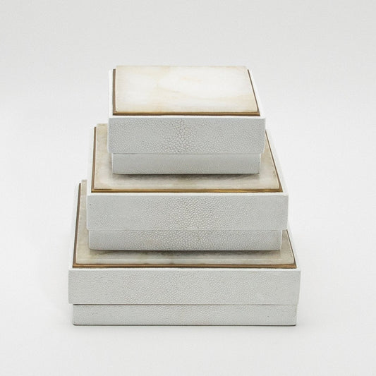 Set of 3 Square Boxes in White Shagreen and Quartz with Brass Frame by R&Y Augousti