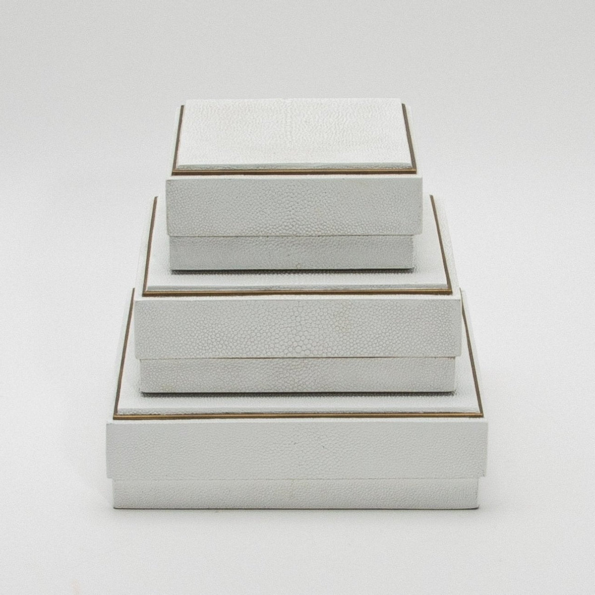 Set of 3 Square Boxes in White Shagreen with Brass Frame by R&Y Augousti