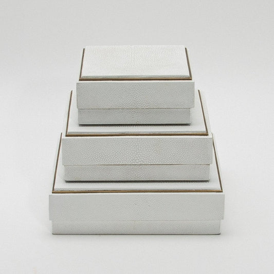 Set of 3 Square Boxes in White Shagreen with Brass Frame by R&Y Augousti