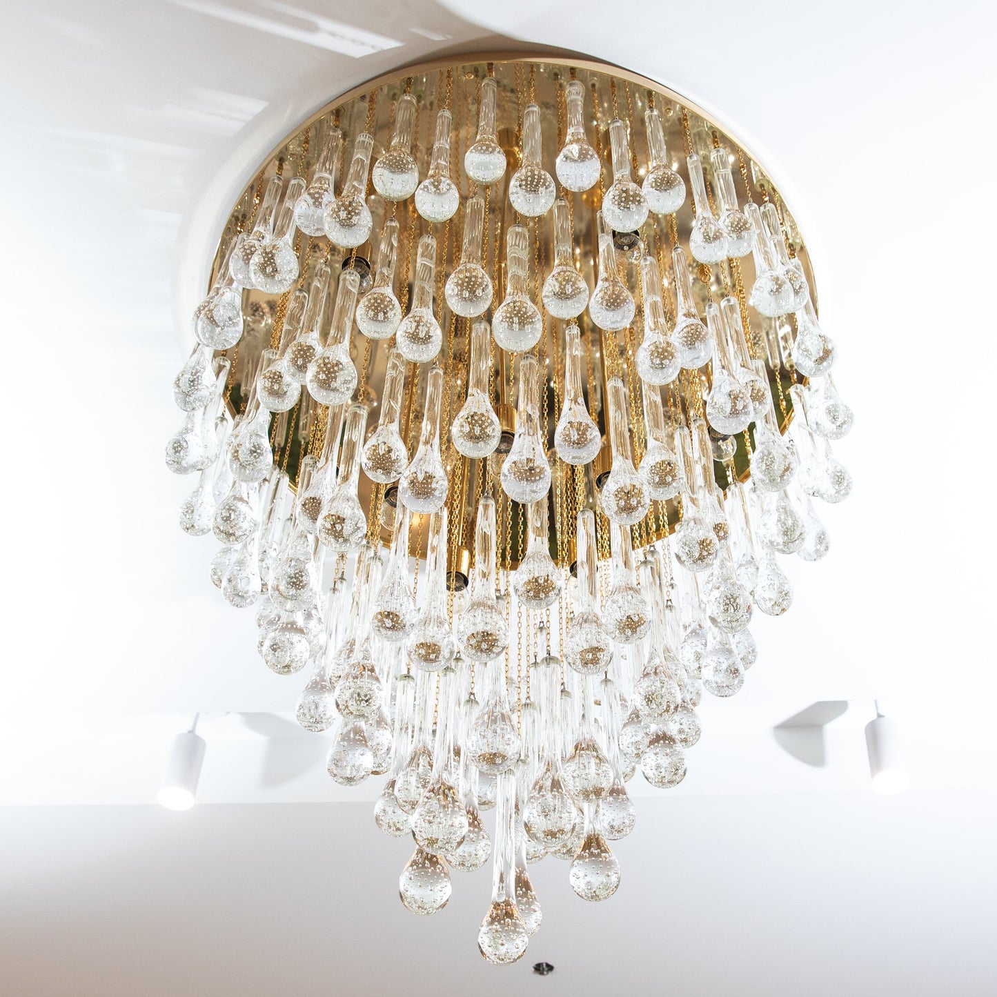 Hand-Blown Murano Raindrop Chandelier in Clear with Polished Brass Fittings