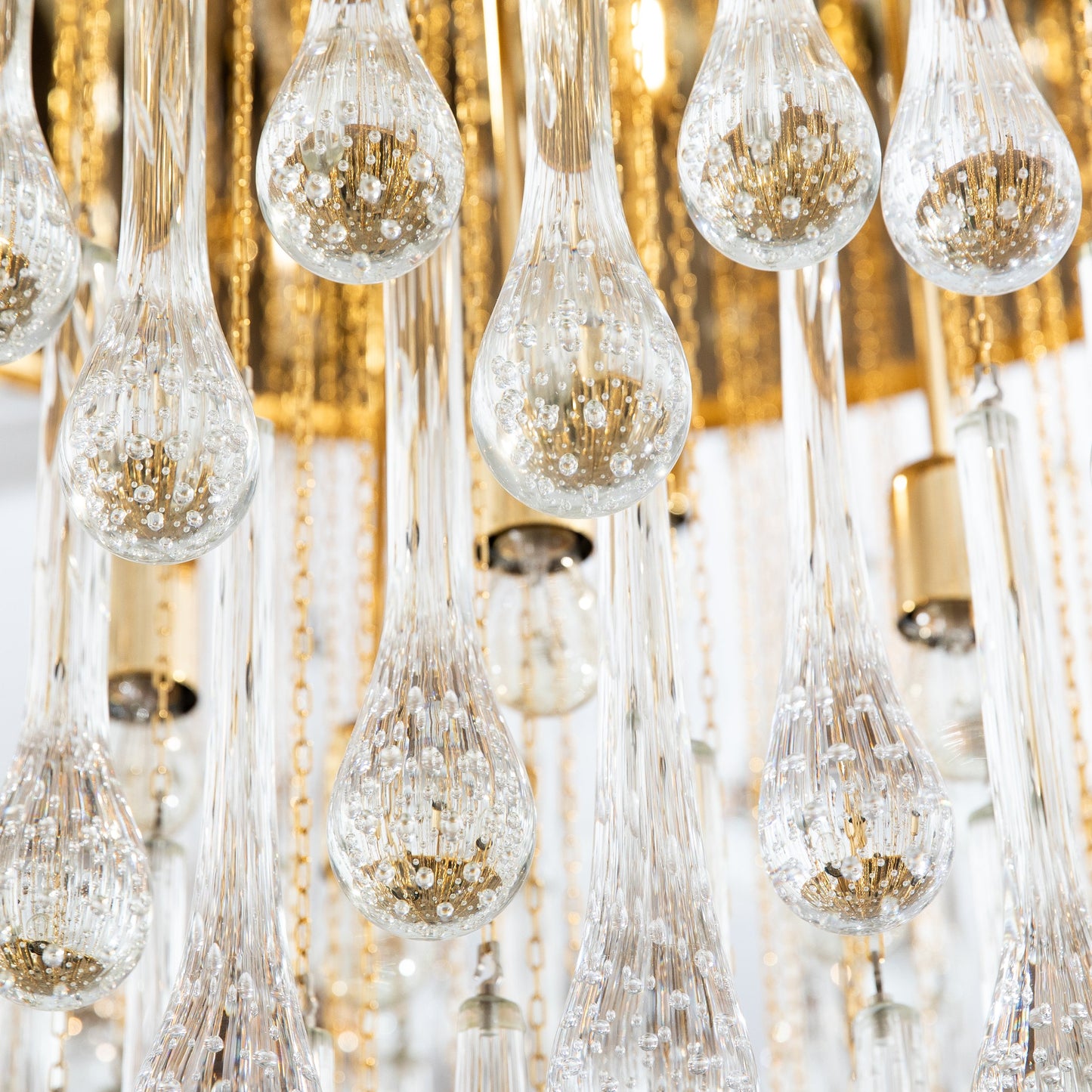Hand-Blown Murano Raindrop Chandelier in Clear with Polished Brass Fittings