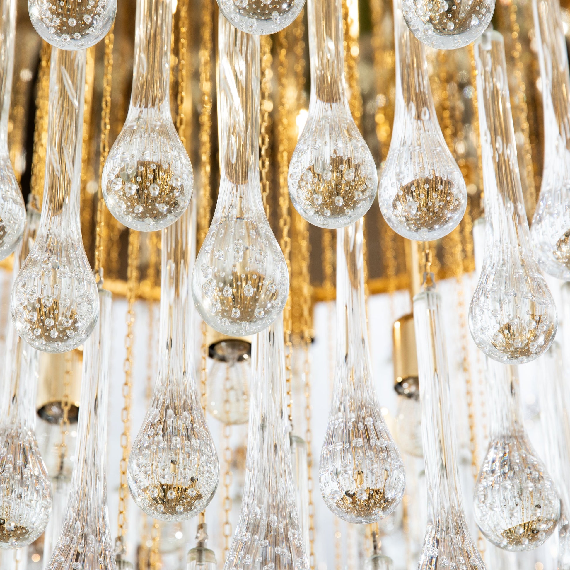 Hand-Blown Murano Raindrop Chandelier in Clear with Polished Brass Fittings