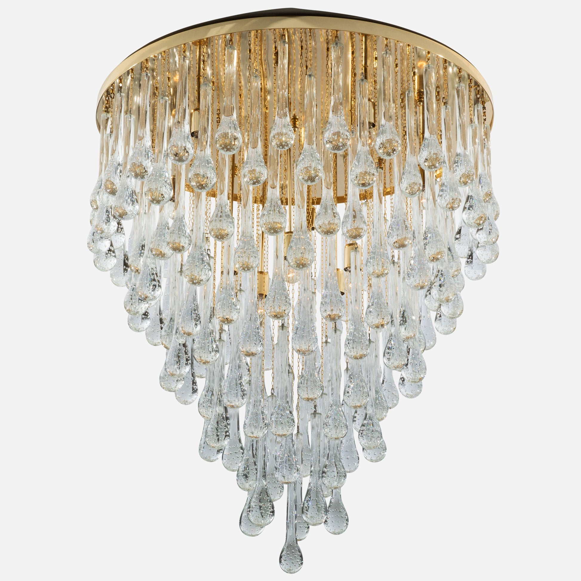 Hand-Blown Murano Raindrop Chandelier in Clear with Polished Brass Fittings