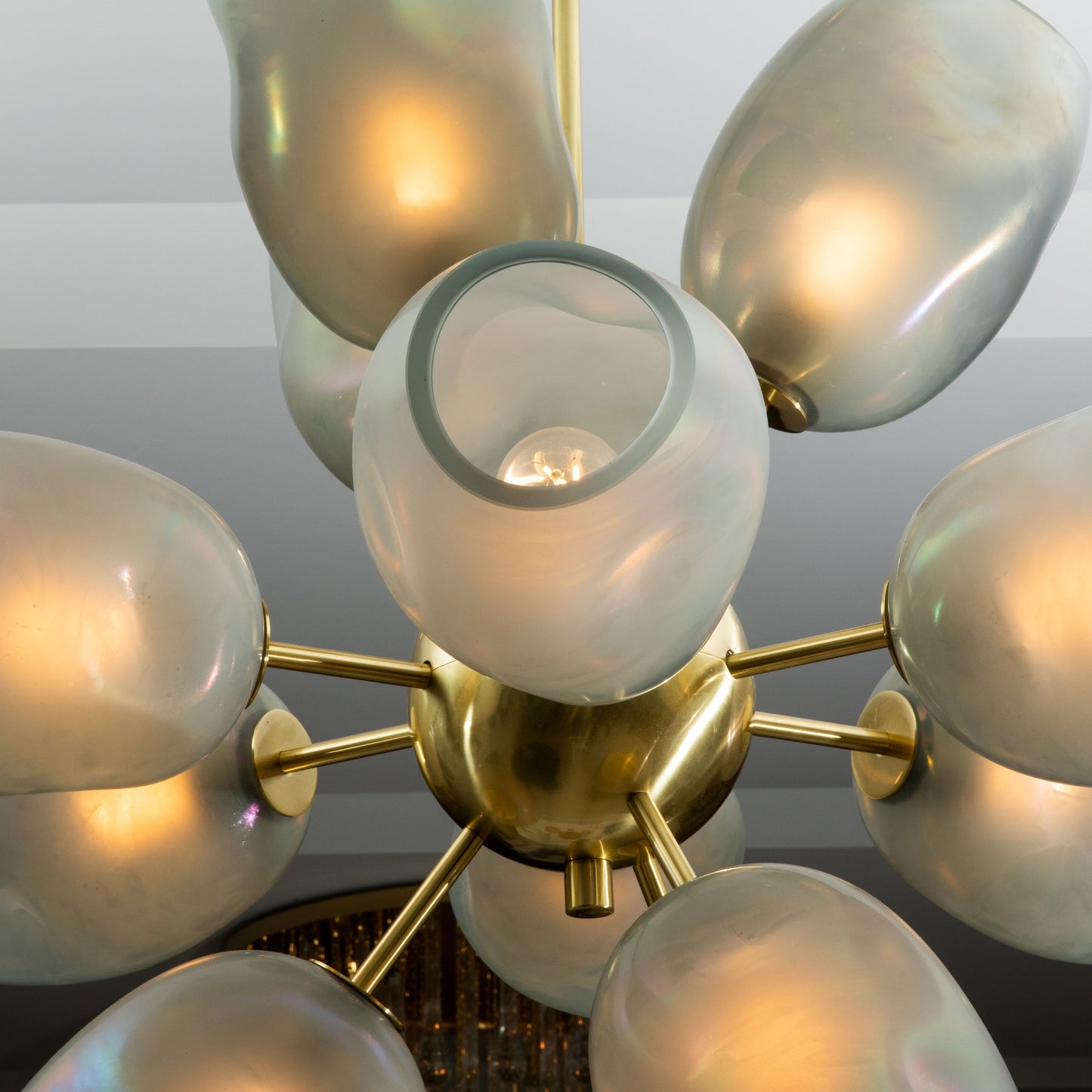 Hand-Blown Murano Helios Chandelier with Dark Grey Smoke Glass and Satin Brass Fittings
